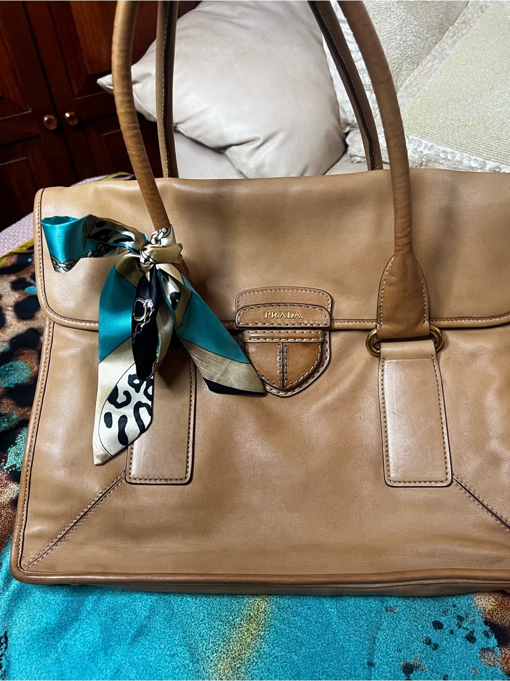 Prada Milano Tan Leather Satchel Tote Bag Gold Hardware Large